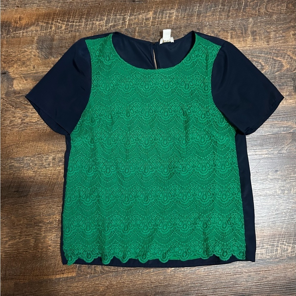 J. Crew Size Small Blue Green Lace Front Short Sleeve Top Style B0090 Blouse